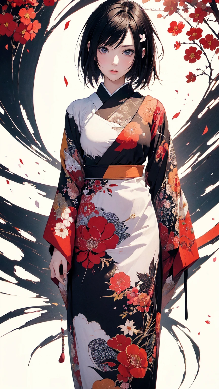 (masterpiece, High resolution, Highest quality), 20-year-old woman, Japanese-style punk fashion, Collage with petals, Abstract Japanese pattern background, artistic juxtapositions, mixed-media approach, Anime Style, Simple lines, Digital Painting,