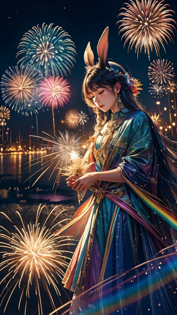 Rainbow colorsのウサギ、Rabbit、Parent and Rabbit、、白いRabbit、Surrounded by lots of Rabbitysterious Landscape、firework、firework大会、Rainbow colorsのfireworkが打ちあがっている瞬間、夜nullとともに、幻想的な海景色で壮大なfirework、future都市、Highest quality、masterpiece, (Diffuse reflection of light:1.2), When the fantastic rainbow turns into shadow, bathed in a mystical atmosphere.The rabbits are watching too, Cast magic spells. evoke a sense of wonder and awe. A fusion of natural grandeur and magic, Weaving dreams into reality. Behold, null, And the unknown, Fleeting、And an eternal moment, 16K, Ultra-high resolution.Realistic, Ultra-high resolution, to be born,future、Rainbow colorsに光り輝く、Rainbow colors、The world 30 years from now。