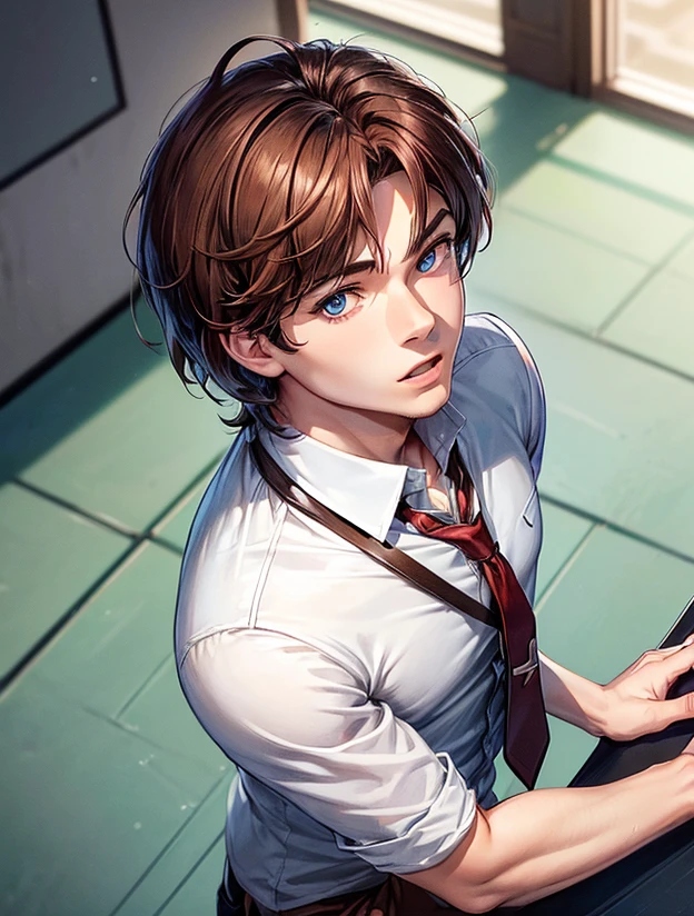 (((((solo)))),24-year-old boy, Warm skin, Pupil heterochromia: red and blue, Mature Face, head portrait, Brown hair, Short hair, Facial Focus, Adult, University Uniform,White shirt, tie, Pants, Best Quality, Facial details.,Classroom,