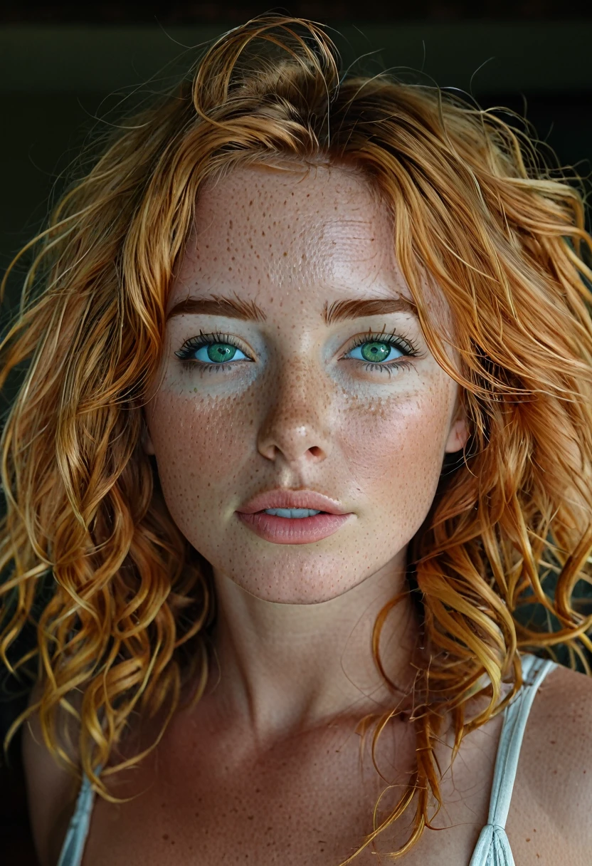 cinematic film still Symmetrical, full body, wide angle, cowboyshot, 1 girl, adult woman, freckles, light blue eyes, ginger textured hair, 28year old , white skin, green eyes, beautiful detailed wavy hair , full lips, beautiful perfect face, beautiful light green eyes, smooth skin, perfect face complexion, wavy hair, beautiful natural lips, dark scenes, ,emo girl, full frontal pose, (huge tits:1.3), fully naked, visible pussy, wide hips, narrow waits, full frontal poses , perfect hand details , pussy, sweaty body, sweaty face , sweaty naval, a ,nude , naked, in a bedrom, dark background,