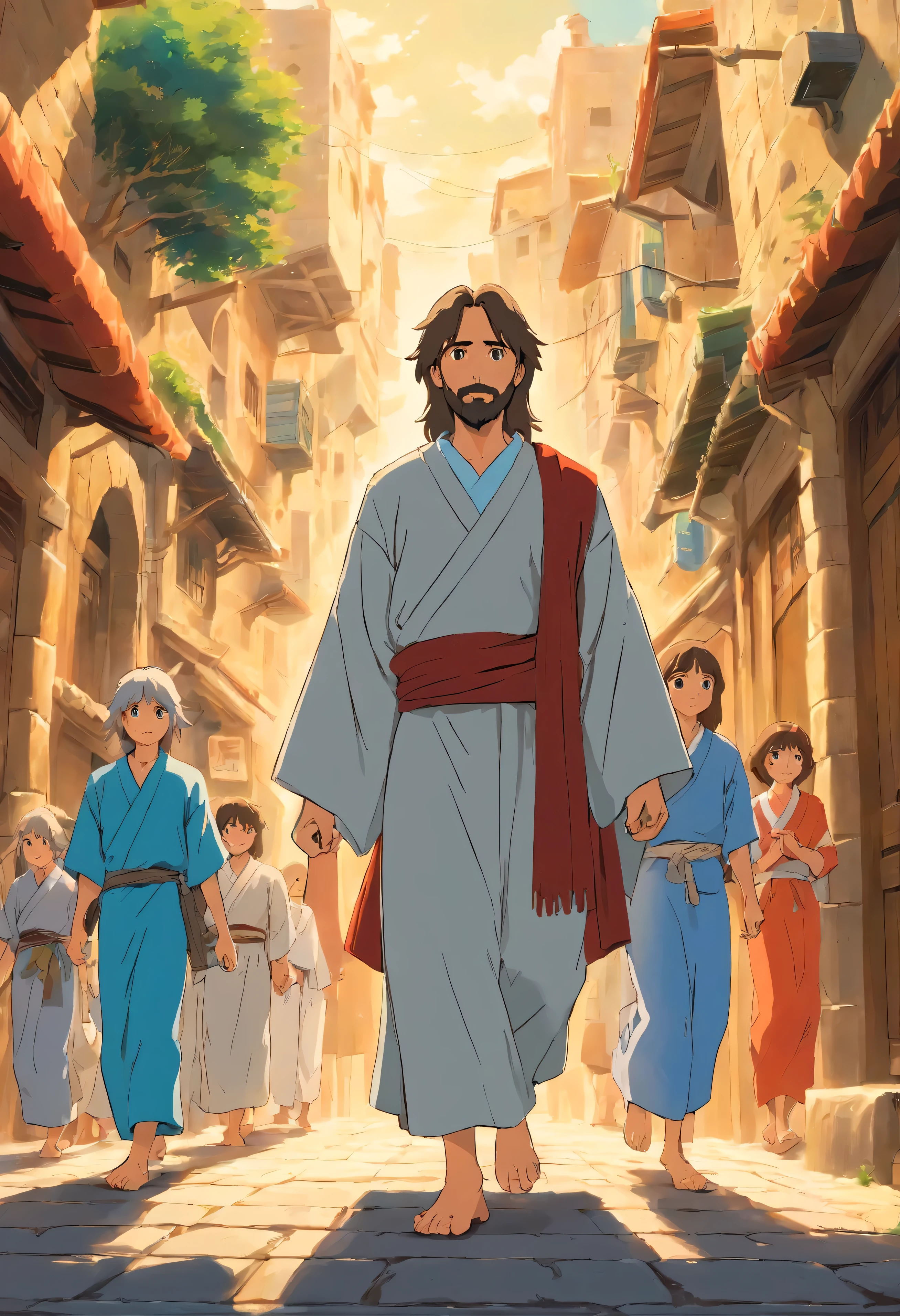 Create an image of Jesus Christ walking with his disciples in Jerusalem.. Image style must be line drawing., reminiscent of Japanese animation, Big eyes and detailed, beautiful scenery. Jesus must have a calm and serene expression on his face. Capture the atmosphere of ancient Jerusalem while infusing the unique aesthetic of animated art, Pays attention to complex details and emotional expressions.