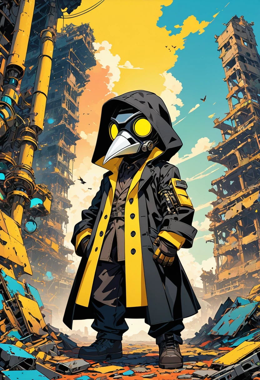 (masterpiece, best quality:1.1), (ultra highres, ultra-detailed:1.2),(doodle),pop-art,flatcolor,one chibi-boy,(male Mad-scientist,short hight),(wearing plague-doctor costume,white beak-mask),eyes glow yellow,black hood,black lab-coat, mecha arm, BREAK in mechanical ruins,absurdity, extraordinary,dynamic angle,(arms folded),
