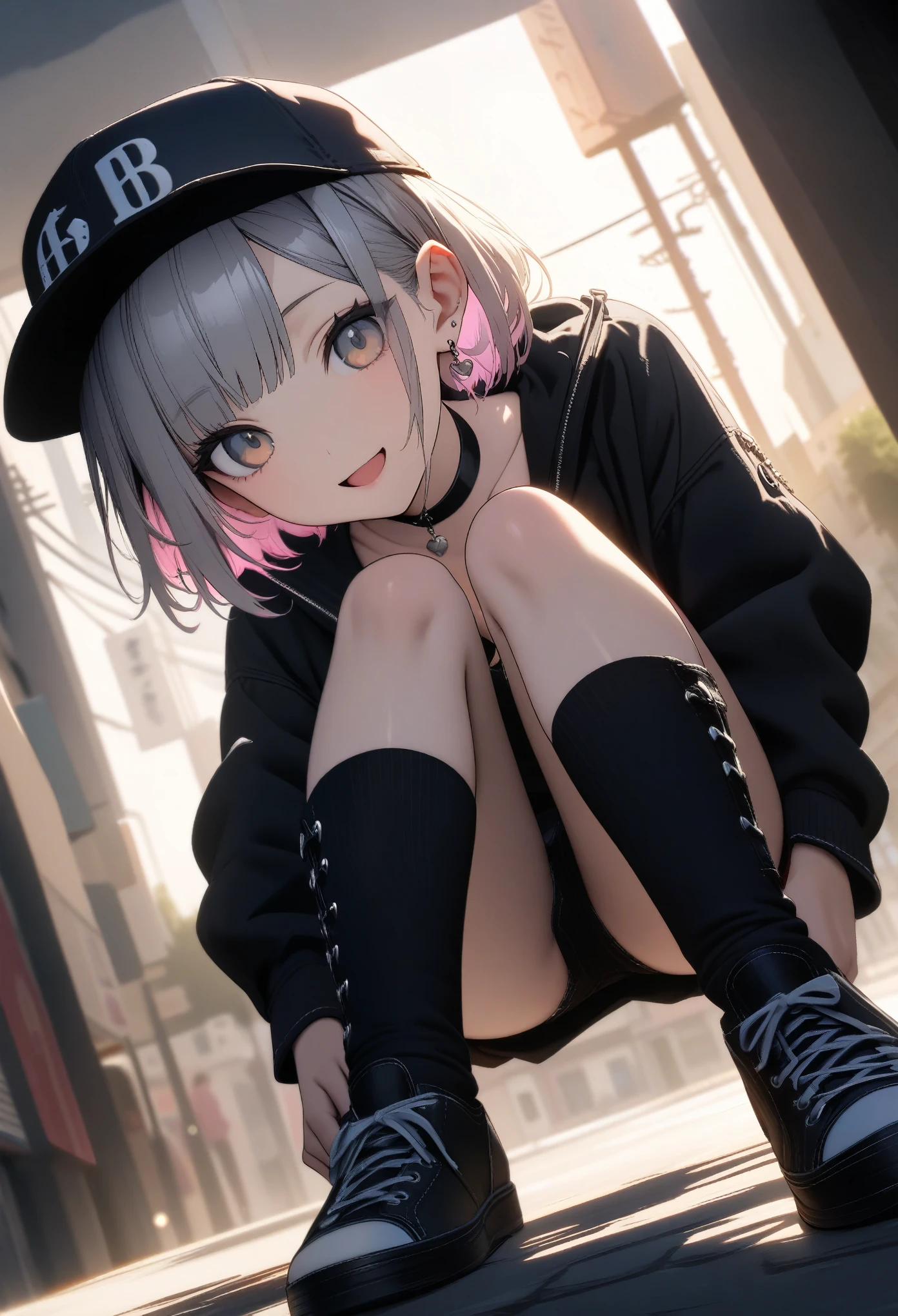 Very cute girl, ((She has some silver earrings in her ears.. Stylish black baseball cap. Black choker、Black punk fashion))、(Gray hair color、Light pink inner color hairstyle、short hair、Hair expressed with a delicate touch), Beautiful Hair, Facial Contour, Remember, In town, splash, Lens flare、sunlight、illumination、Natural Color, High resolution, Very delicate, Very detailed, 8k,(Her breast size is about a B cup)、Shyness,((Sexual)),((Naughty feelings)),smile、Full body angle(From head to shoes)、View angle from below