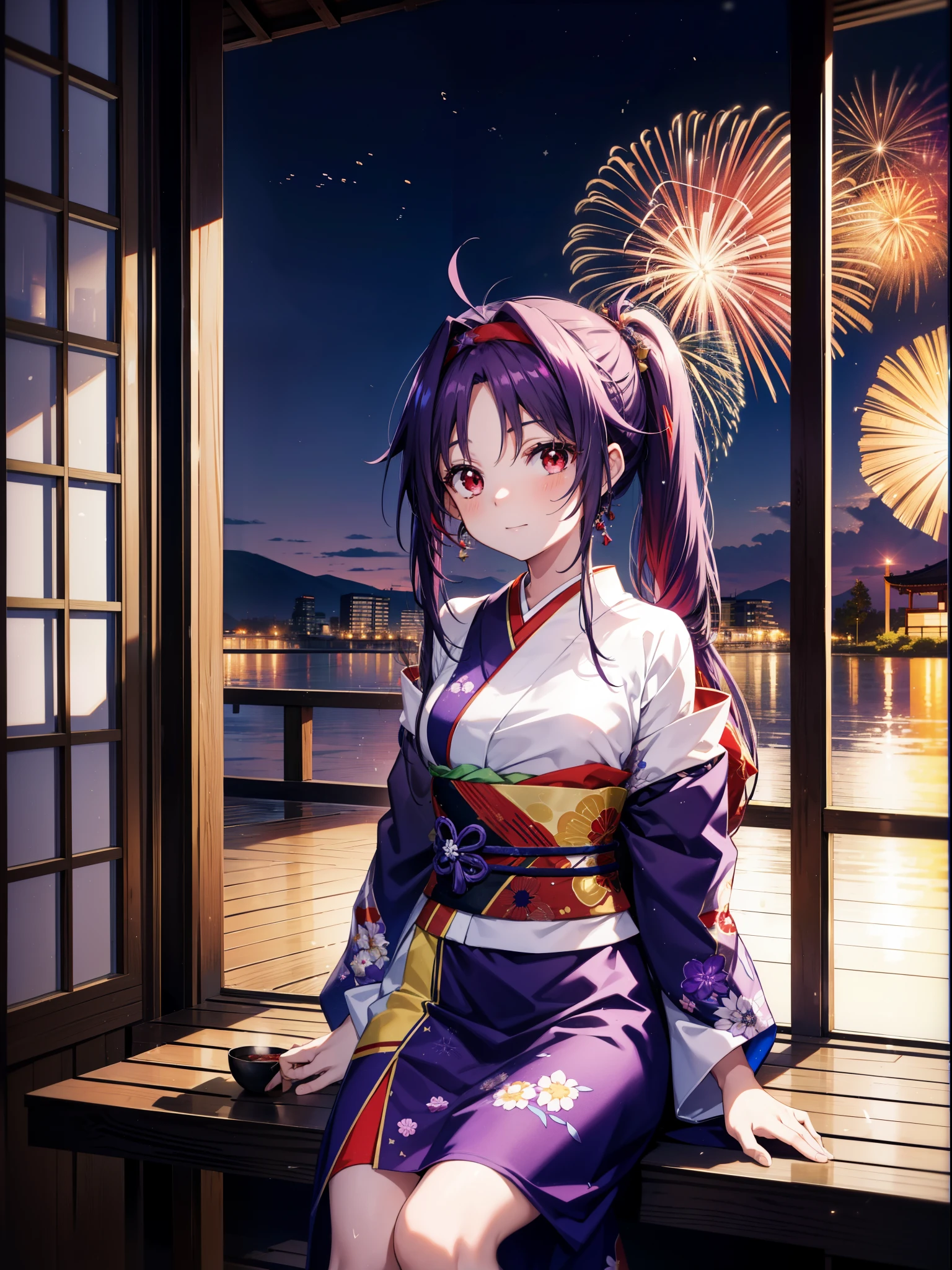 yuukikonno, Yuuki Konno, hair band, Long Hair, Pointed Ears, Purple Hair, Ahoge,(Red eyes:1.5), (Small breasts:1.2),low twin tail,smile,blush,Open your mouth,Purple Kimono,Purple long skirt,Fireworks in the night sky,Fireworks,The place is a fireworks display,Time is night,sunny day,Sitting on a bench,There is shaved ice on the bench,Wind Chimes,whole bodyがイラストに入るよう,
break looking at viewer, , whole body, (Cowboy Shot:1. 5)
break indoors, Veranda,Japanese garden,
break (masterpiece:1.2), Highest quality, High resolution, unity 8k wallpaper, (figure:0.8), (Beautiful attention to detail:1.6), Highly detailed face, Perfect lighting, Highly detailed CG, (Perfect hands, Perfect Anatomy),