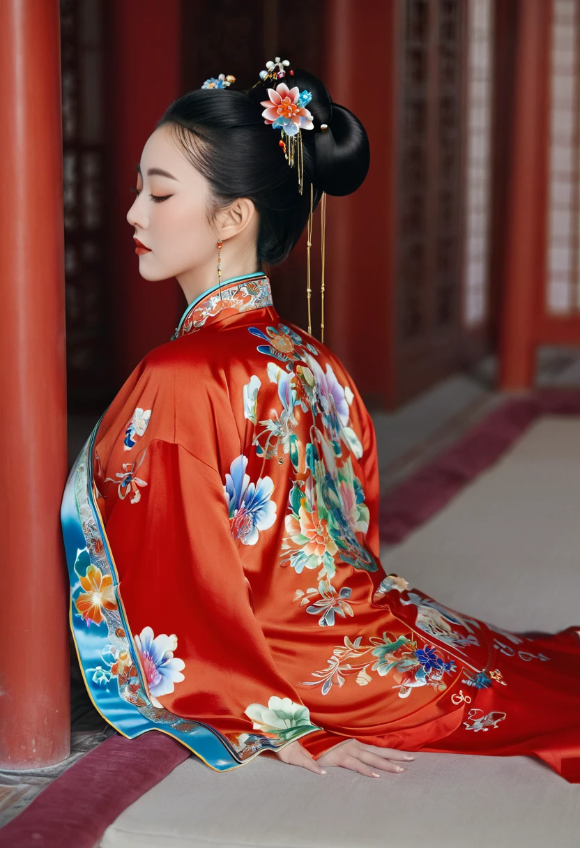 A side view of a Chinese empress, seen from close up on her buttocks. The background is a room in a Chinese palace during the Qing dynasty. She is sleeping in red Hanfu, with only her large buttocks sticking out. She is either wearing underwear or not, and her protruding buttocks are floating up. Her hair is decorated with a large, flashy flower. The back of the hair is tied up and up. Erotic Woman