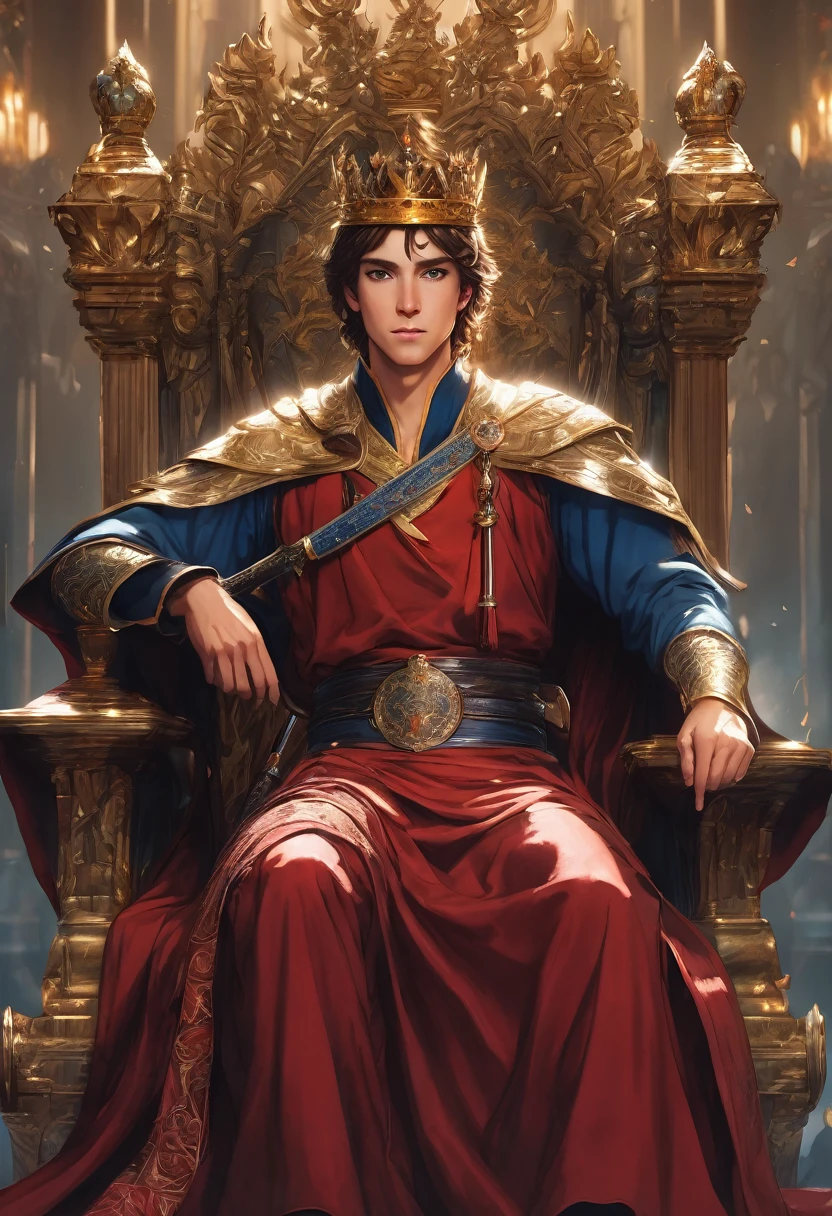 A brown-haired young man sat on the throne, his eyes are blue, holding a long sword, a prince in a red robe, wearing a crown, government, fantasy, anime style, HD, masterpiece, 24k, super detail, super realistic, high resolution.