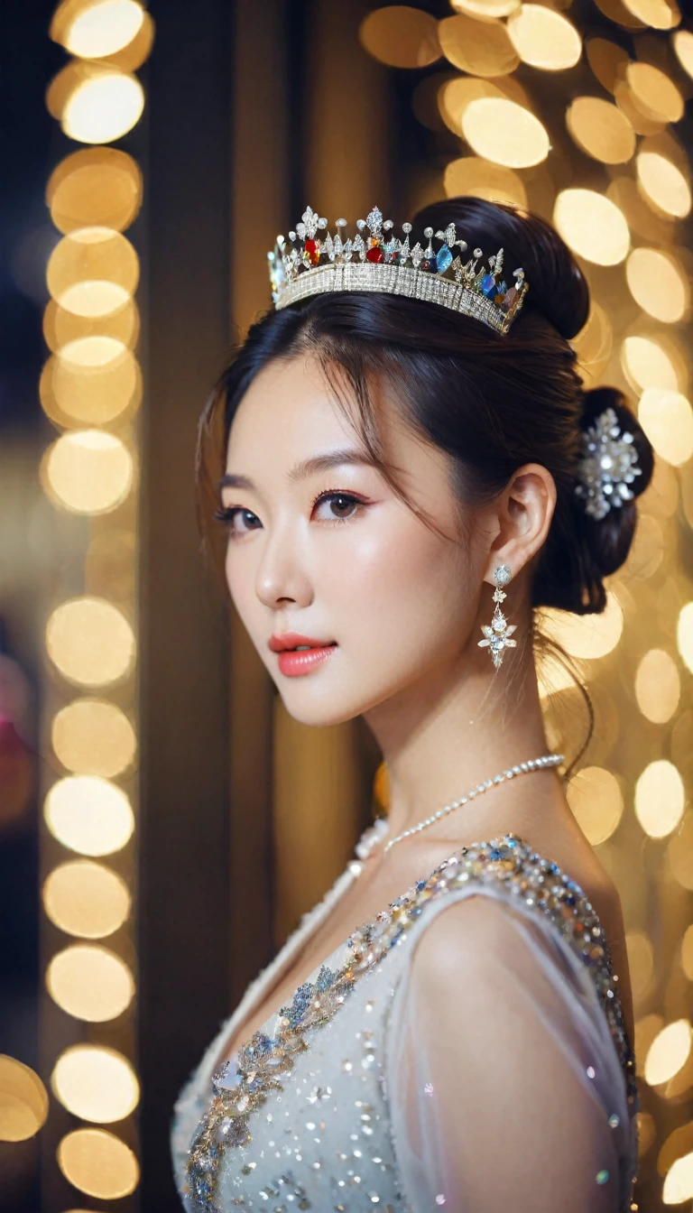 close up, Side view of beautiful Korean women, Bust size 34 inches, ponytail, Dressed up as the queen of the competition., bokeh background, Polaroid Photos, UHD