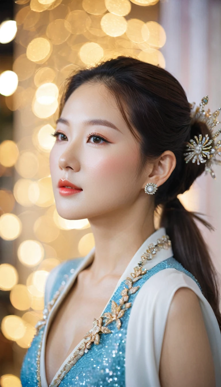 close up, Side view of beautiful Korean women, Bust size 34 inches, ponytail, Dressed up as the queen of the competition., bokeh background, Polaroid Photos, UHD 