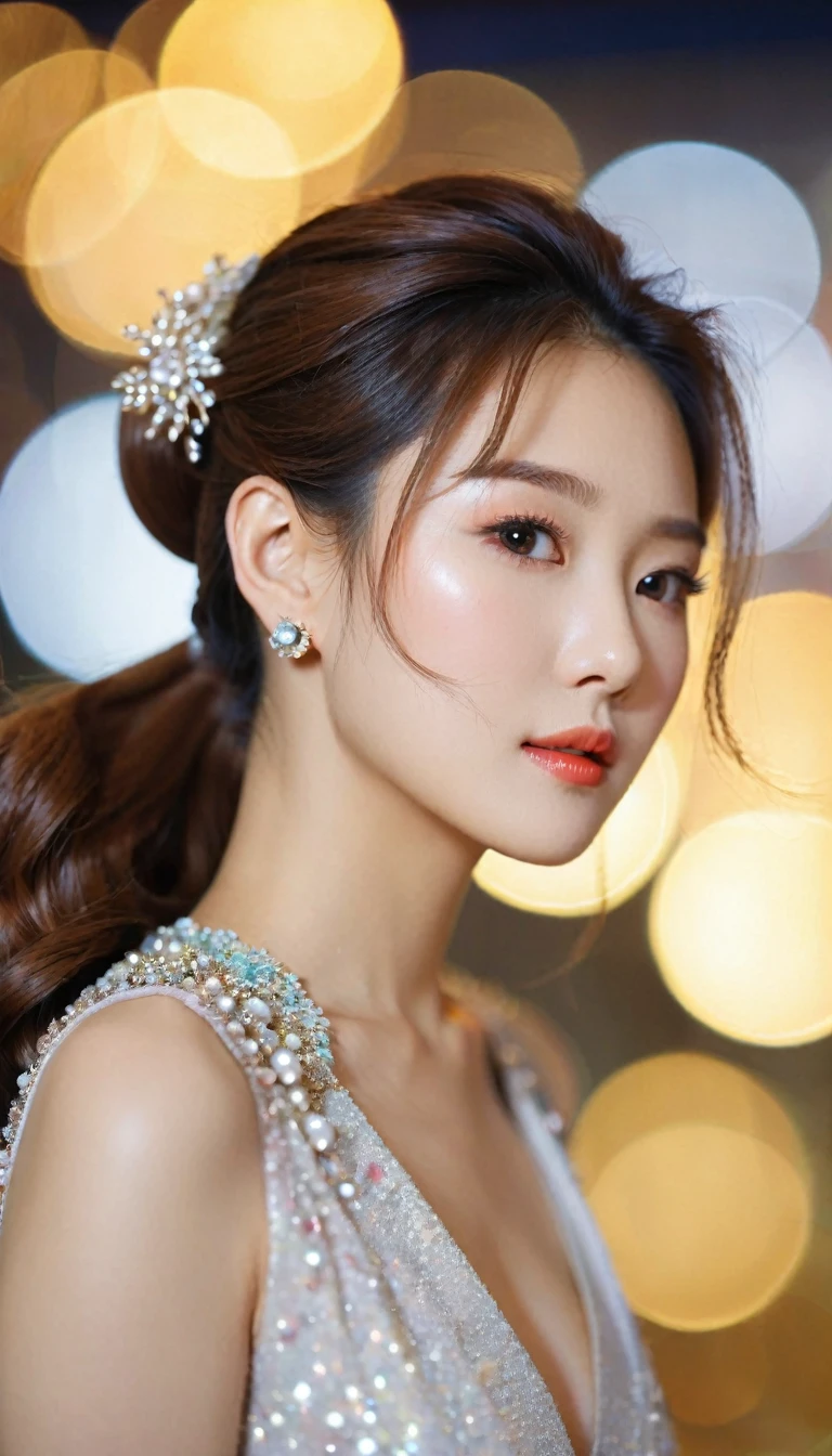 close up, Side view of beautiful Korean women, Bust size 34 inches, ponytail, Dressed up as the queen of the competition., bokeh background, Polaroid Photos, UHD