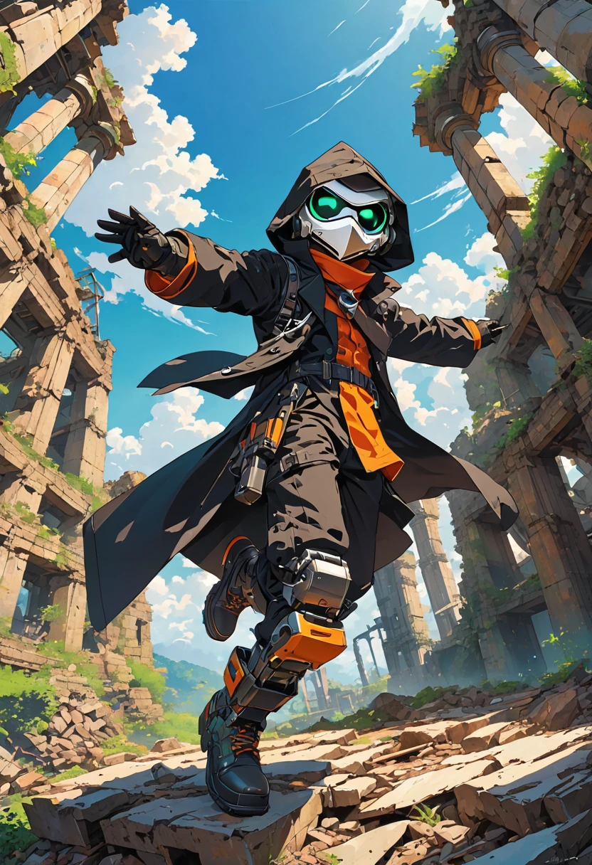 (masterpiece, best quality:1.1), (ultra highres, ultra-detailed:1.2),(doodle),pop-art,flatcolor,one chibi-boy,(male Mad-scientist,short hight),(wearing plague-doctor costume,white beak-mask),eyes glow green,black hood,black lab-coat, mecha arm, BREAK in mechanical ruins,absurdity, extraordinary,dynamic angle,(dynamic pose),
