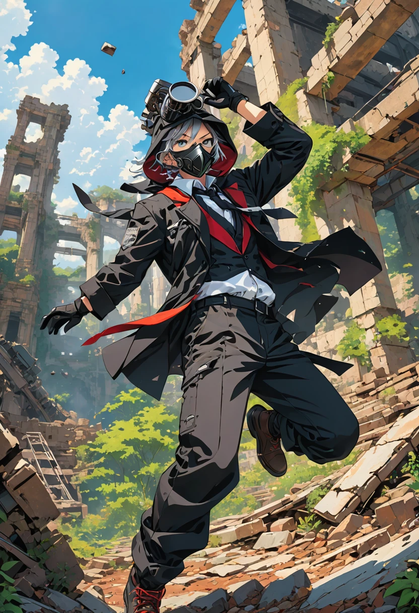 (masterpiece, best quality:1.1), (ultra highres, ultra-detailed:1.2),(doodle),pop-art,flatcolor,one chibi-boy,(male Mad-scientist,short hight),(wearing plague-doctor costume,white beak-mask),eyes glow green,black hood,black lab-coat, mecha arm, BREAK in mechanical ruins,absurdity, extraordinary,dynamic angle,(dynamic pose),