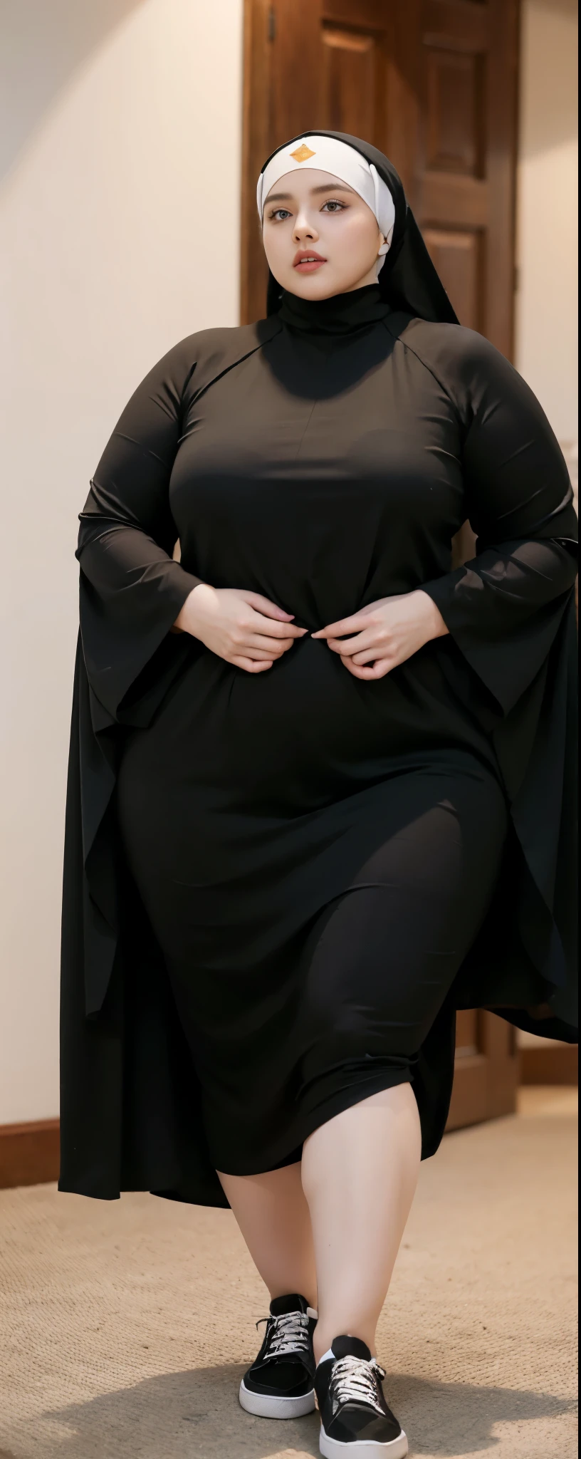 Milky white skin woman in black dress and hijab walking down the room, ,  hijab outfit, ,  hijab fashion model, plus size, plus size woman, ,  woman in black robes, beautiful woman, thicc, black outfit,, bbwchan , white sneakers , Height 170 cm, beautiful woman, with a beautiful appearance, a very beautiful masterpiece, a masterpiece of art, good lighting, Bright colors, Clean lines, .