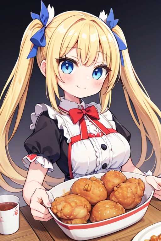 嬉しそうなsmile,Eat a giant fried chicken,big fried chicken,Cola,Highest quality,Blonde with blue eyes、Lolita、Small breasts、Twin tails、girl&#39;enjoy,smile,bonnet,