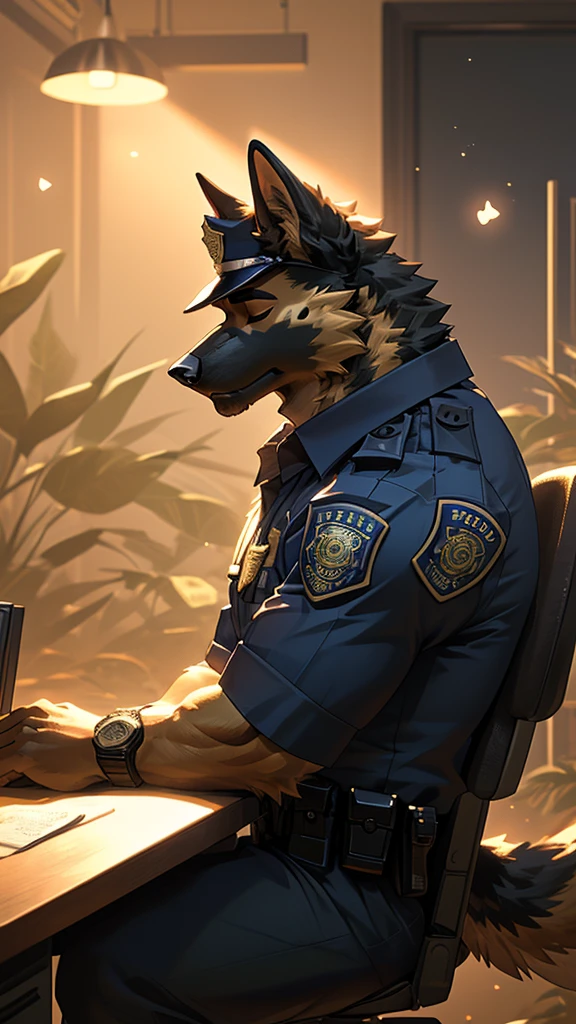 ((solo)), (((furry))), (anthro), (((german shepherd))), ((man)), ((adult)), ((muscular)), (muscles), (wide shoulders), (hairy), (((perfect eyes))), (((perfect anatomy))), (((perfect fingers))), ((claws on the fingers)), ((closed eyes)), (fluffy tail), ((sitting on a office chair)), ((legs are thrown back on the table)), ((arms are crossed)), (heads are slightly lowered down), ((police office)), ((police uniform)), (a police visor covers part of the muzzle), ((sleeping)), watches, vegetation, ((very beautiful lighting and shadows)), (very realistic lighting and shadows), ((cinematic lighting and shadows)), (cinematic), ((ultra detailed)), ((smallest particles)), ((best quality)), ((masterpiece)), depth of field, sharp focus, (blurred background)