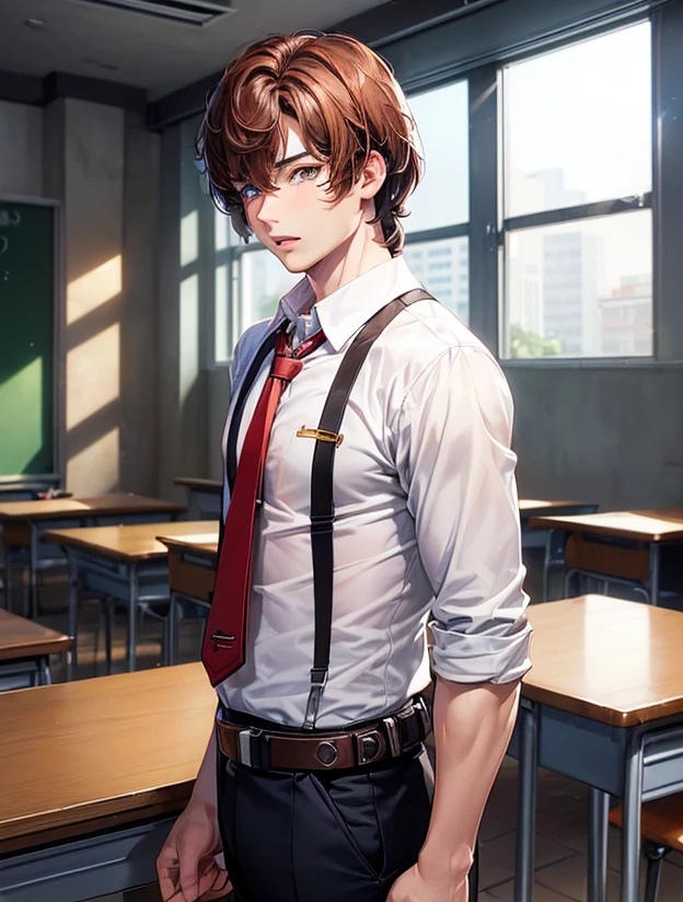 (((((solo)))),24-year-old boy, manhwa man face, Warm skin, Pupil heterochromia: red and blue, Mature Face, head portrait, Brown hair, Short hair, Facial Focus, Adult, University Uniform,White shirt, tie, Pants, Best Quality, Facial details.,Classroom,