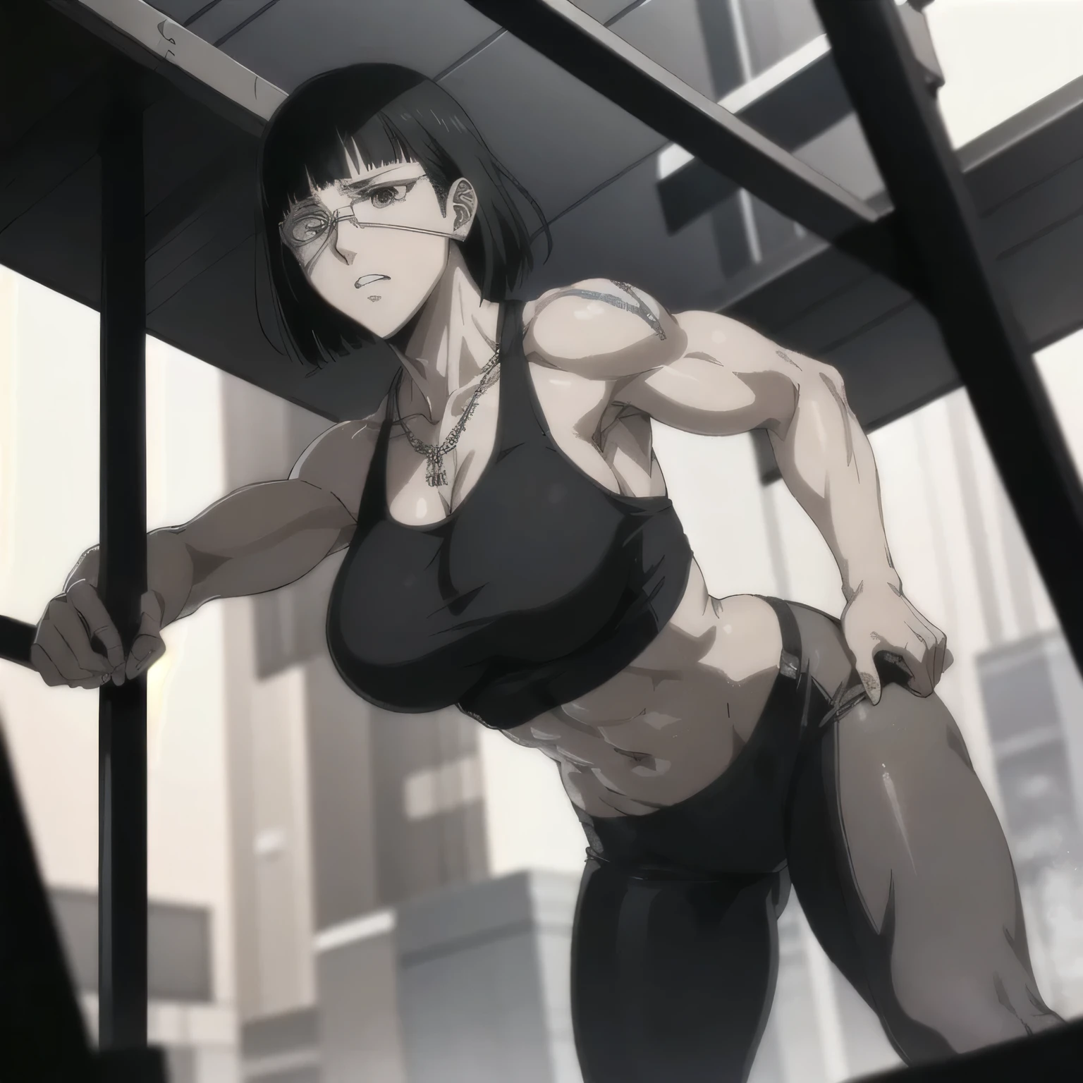 best quality,ultra-detailed,realistic:1.37),musclaur badass girl with sculpted body with preview her musclaur body and six-pack, full review of the female character's face and body, intense expression, strong and confident posture, studio lighting, vivid colors, physiologically-based rendering, grungy texture, rugged background, dust particles in the air, commanding presence, professional, powerful, gritty aesthetics,,Valmet،short hair,necklace,Light reflection on shoulders,clean muscles،wearing black loose military pants gray gym tank top with military boot,tattoos on shoulders،muscles review(1girl solo),eyepatch,Shining muscles,eyes detailing,fat free body,veins in muscles,penis growth inside underwear,Photo session,in street