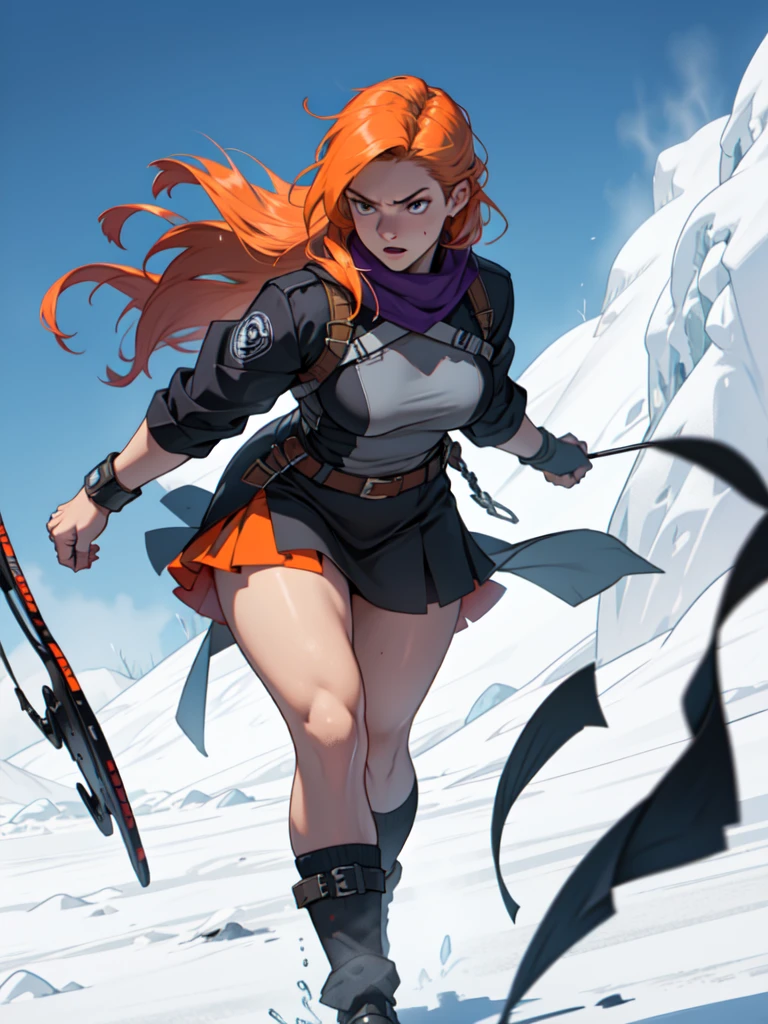 (best qualityer,4K,8k,high resolution,work of art:1.2),ultra detali,(realisitic,photorealisitic,photo-realisitic:1.37), 1 girl, Ice seasoning, hair orange, ready to fight, aiming a compound bow, purple and white mini skirt, intense expression, plain white background, cold environment, steam rising, dynamic movement, confident attitude, cold atmosphere, Beast in hand, Assassin outfit,