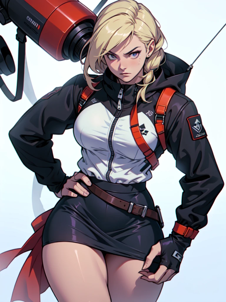 (best qualityer,4K,8k,high resolution,work of art:1.2),ultra detali,(realisitic,photorealisitic,photo-realisitic:1.37), 1 girl, Ice seasoning, hair orange, ready to fight, aiming a compound bow, purple and white mini skirt, intense expression, plain white background, cold environment, steam rising, dynamic movement, confident attitude, cold atmosphere, Beast in hand, Assassin outfit,