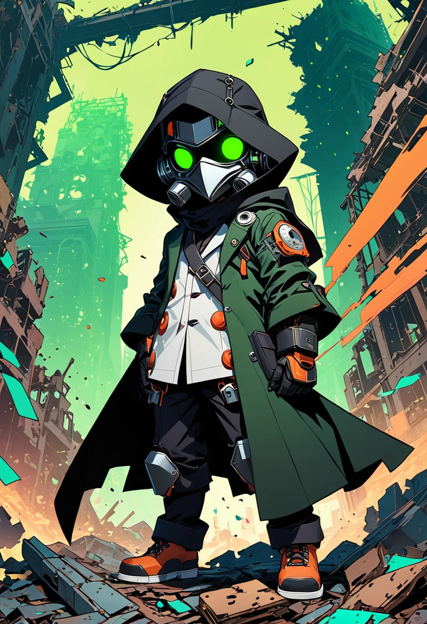 (masterpiece, best quality:1.1), (ultra highres, ultra-detailed:1.2),(doodle),pop-art,flatcolor,one chibi-boy,(male Mad-scientist,short hight),(wearing plague-doctor costume,white beak-mask),eyes glow green,black hood,black lab-coat, mecha arm, BREAK boy pose,in mechanical ruins,absurdity, extraordinary,dynamic angle,,(dynamic pose),