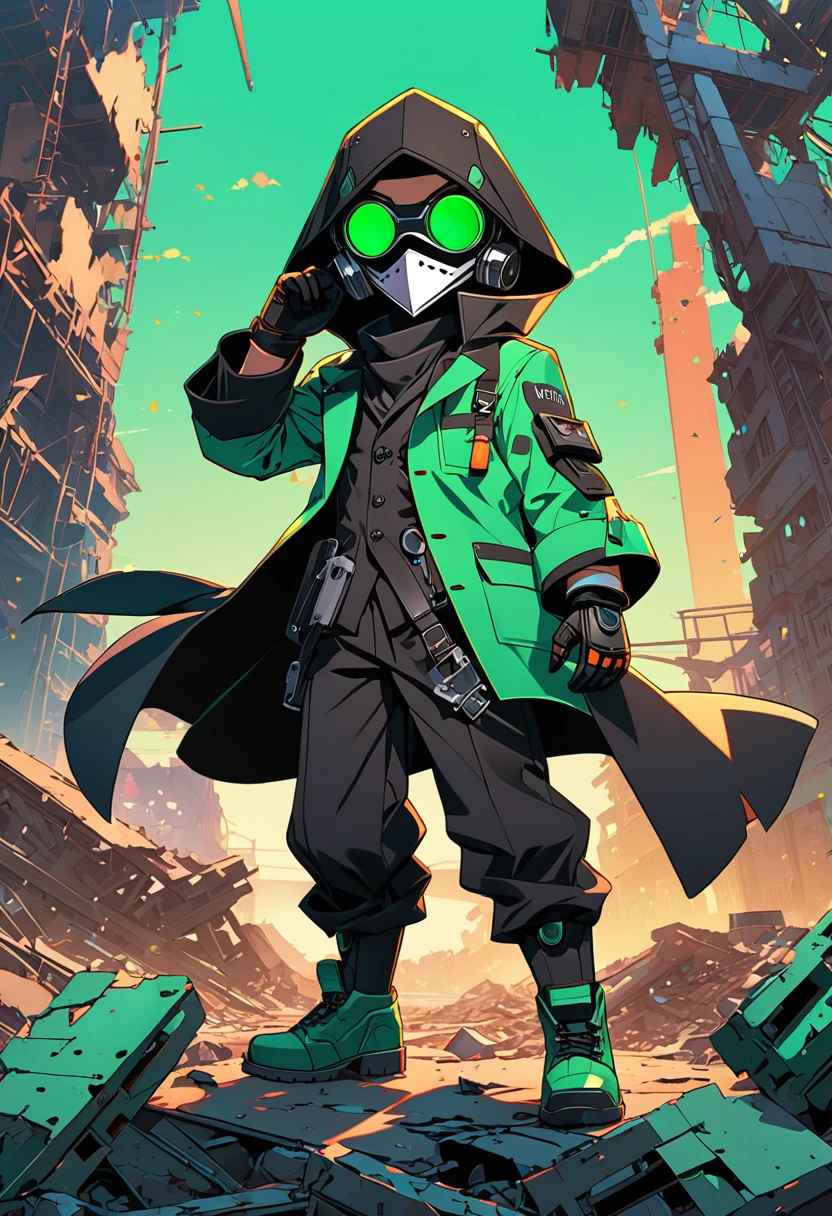 (masterpiece, best quality:1.1), (ultra highres, ultra-detailed:1.2),(doodle),pop-art,flatcolor,one chibi-boy,(male Mad-scientist,short hight),(wearing plague-doctor costume,white beak-mask),eyes glow green,black hood,black lab-coat, mecha arm, BREAK boy pose,in mechanical ruins,absurdity, extraordinary,dynamic angle,,(dynamic pose),