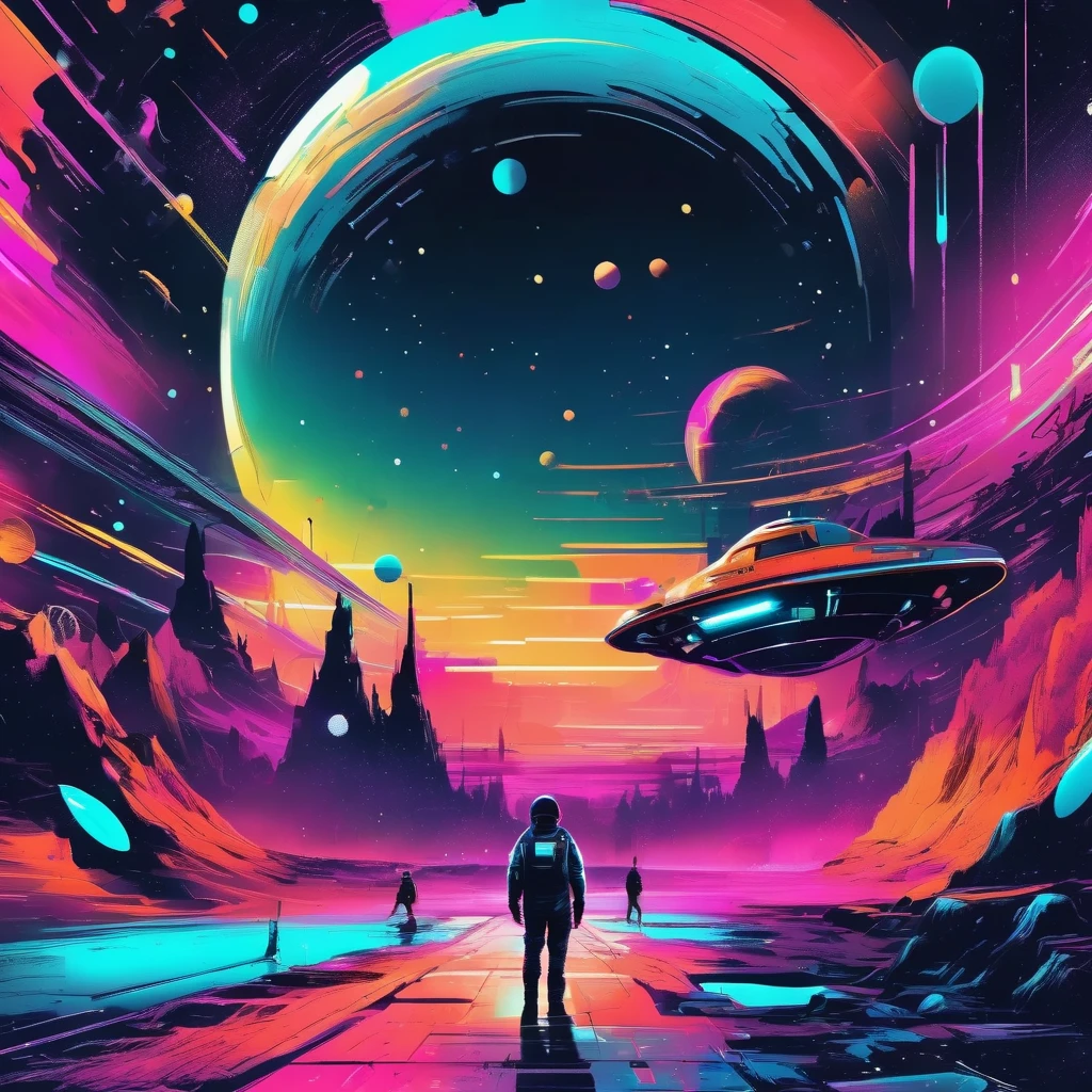 Futuristic T-shirt, space ship, Space Landscape, Neon Color Palette, Metallic Texture, Glitch Art Style, Fish-Eye Perspective
, TshirtDesignAF