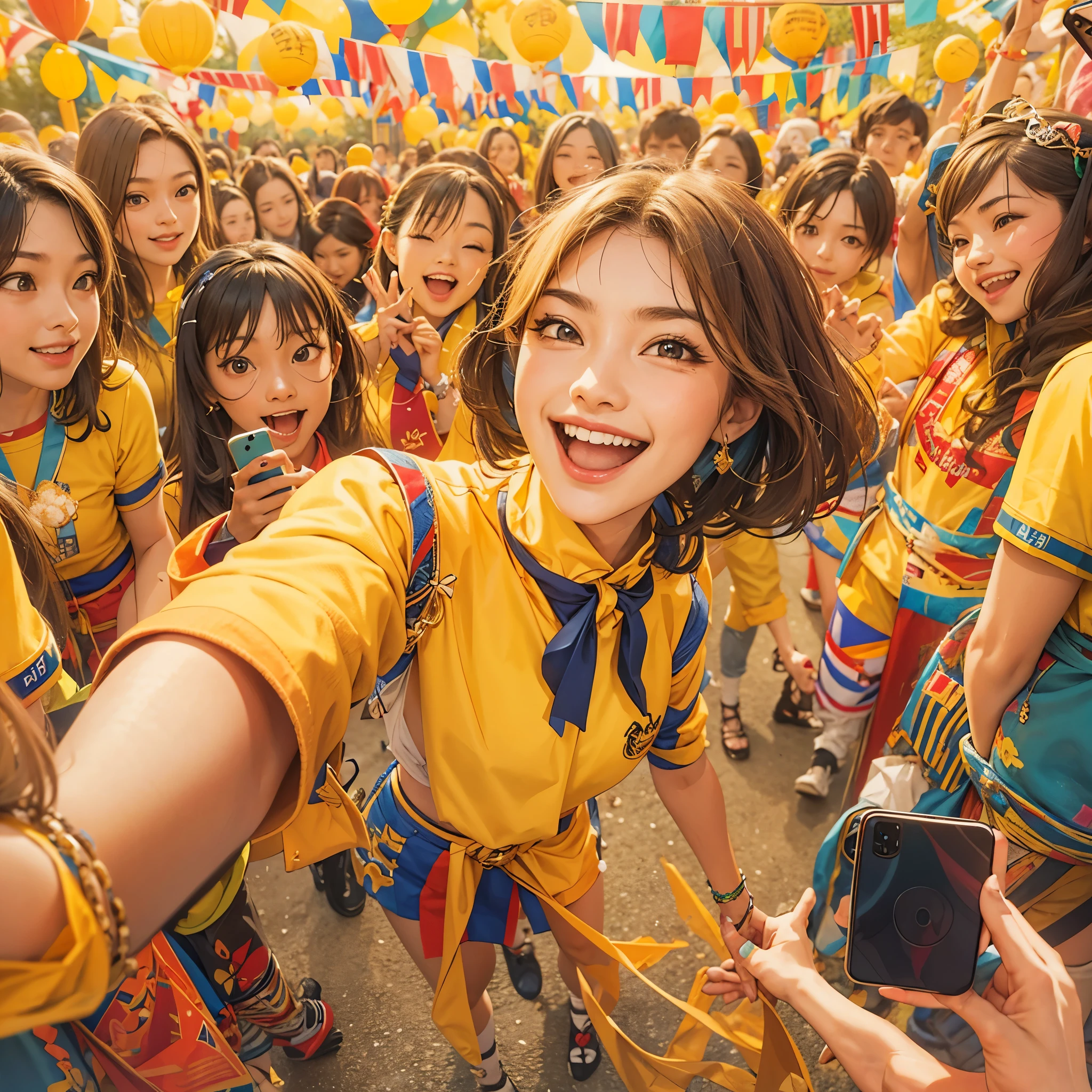 A high school girl in a yellow uniform, who is the popular leader of her class with a gal-like vibe. She is taking a selfie with her smartphone while recording a video with her friends at a cultural festival. The scene shows her confidently posing and having fun, with her peers joining in and enjoying the festive atmosphere. The background includes colorful decorations and activities typical of a cultural festival, highlighting her role as a fashionable and charismatic leader.
