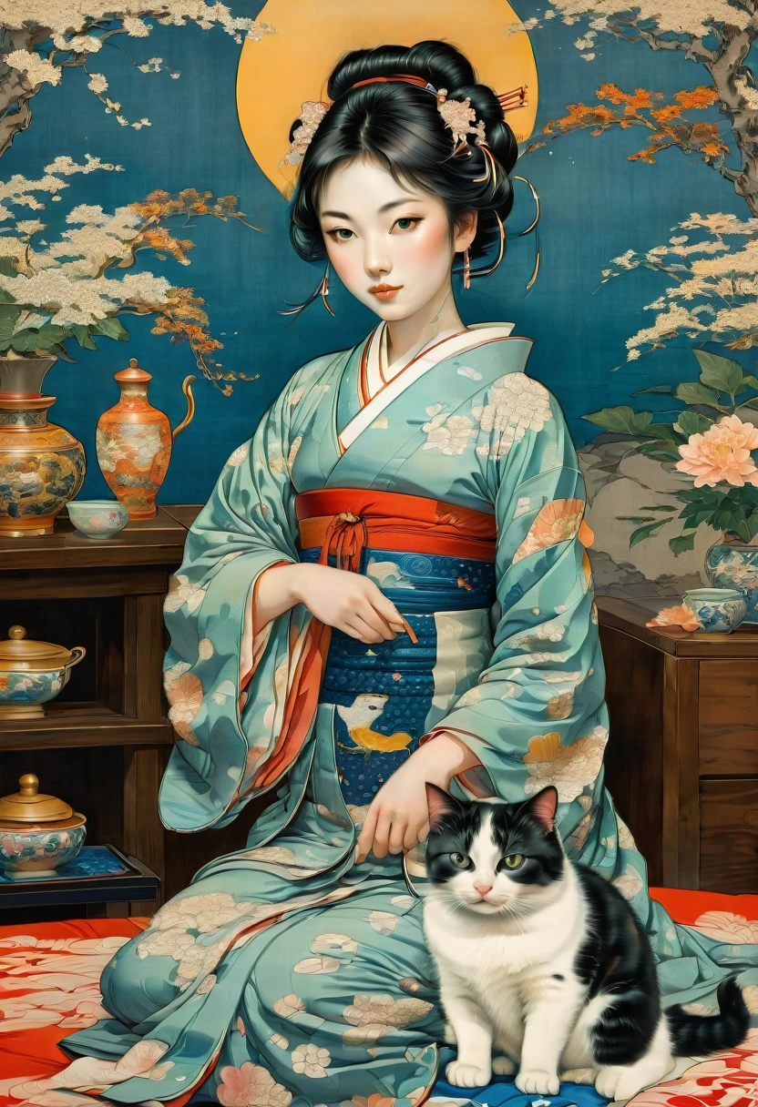 Girl with cat, by Kunisada, Highest quality, masterpiece, so beautiful, Perfect composition, Intricate details, Very detailed