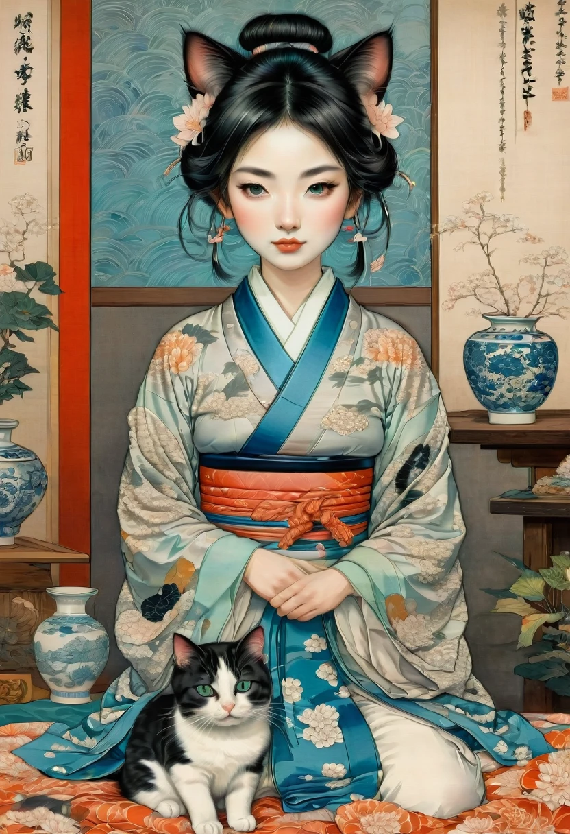 Girl with cat, by Kunisada, Highest quality, masterpiece, so beautiful, Perfect composition, Intricate details, Very detailed
