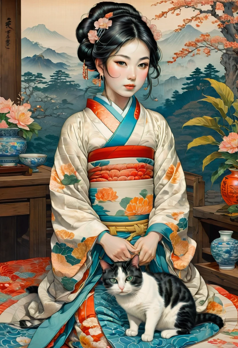 Girl with cat, by Kunisada, Highest quality, masterpiece, so beautiful, Perfect composition, Intricate details, Very detailed