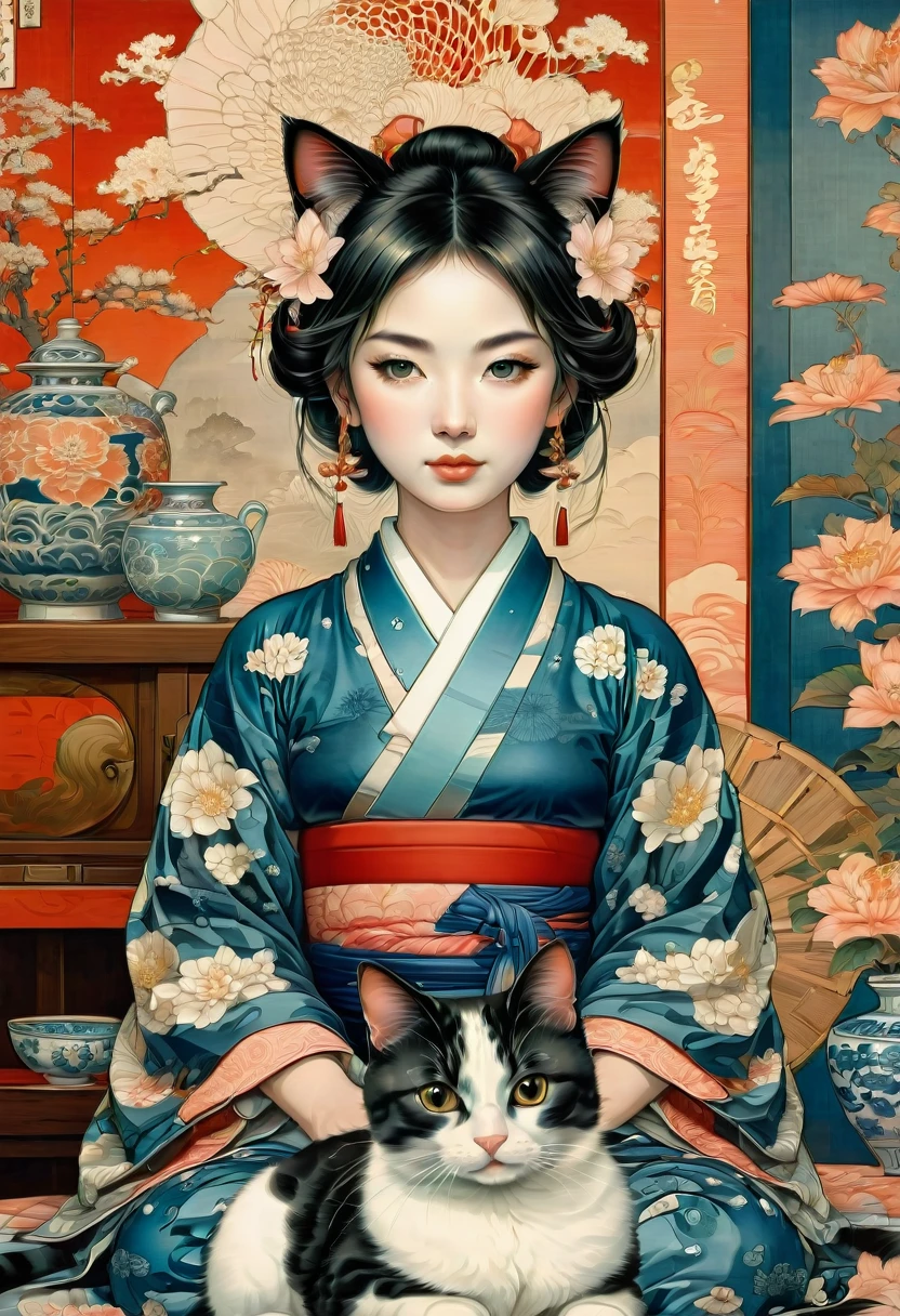 Girl with cat, by Kunisada, Highest quality, masterpiece, so beautiful, Perfect composition, Intricate details, Very detailed