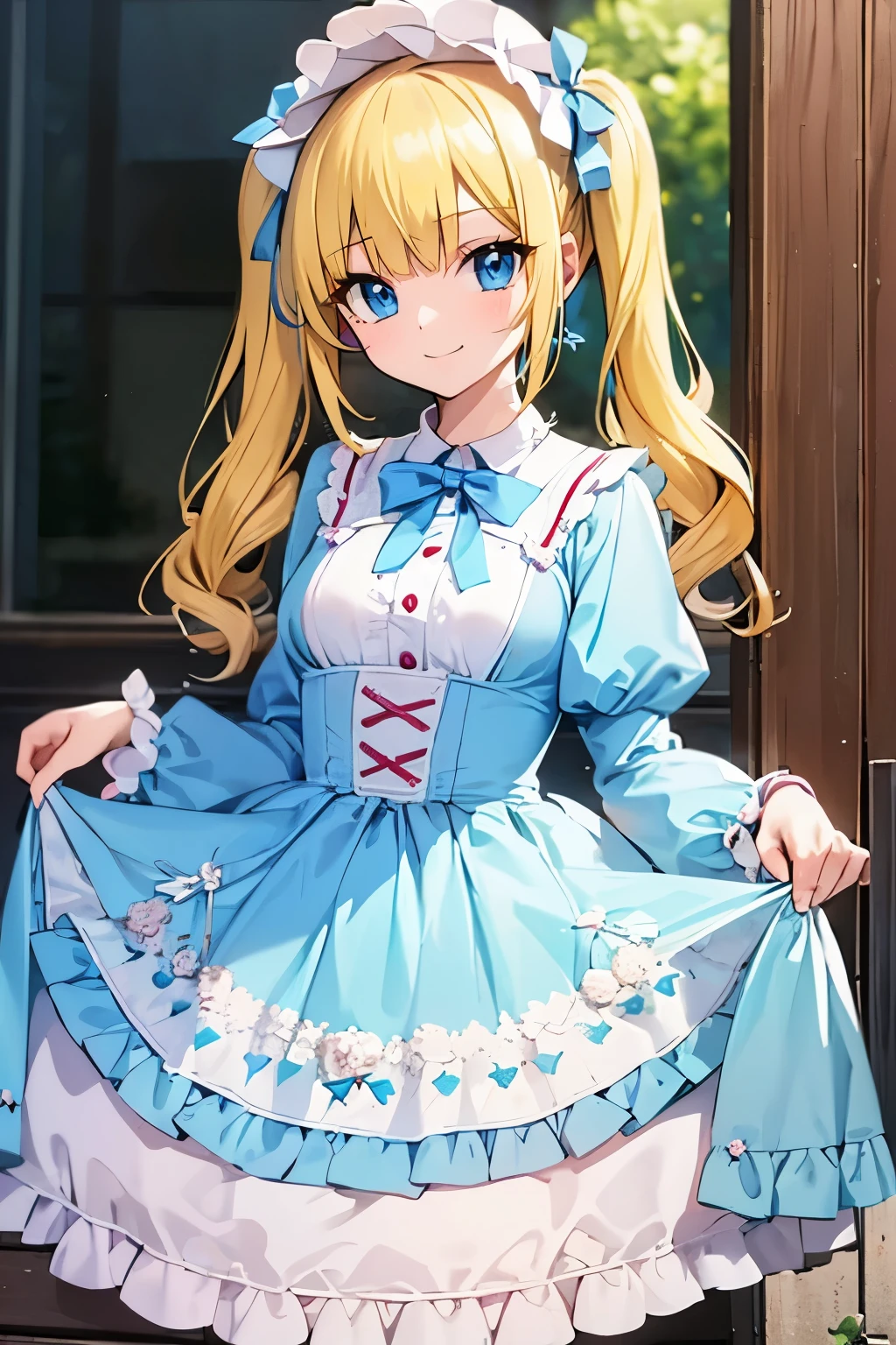 Safe for work, masterpiece, best quality, solo, 1 girl, cute girl, wholesome girl, (young female body:1.4), ( medium small breasts), cowboy shot, shy smile, flustered, yellow hair, thick wavy hair, hime cut, very blunt bangs, light blue eyes, detailed eyes, outside, lolita fashion, pink lolita dress, pigtails, cozy background