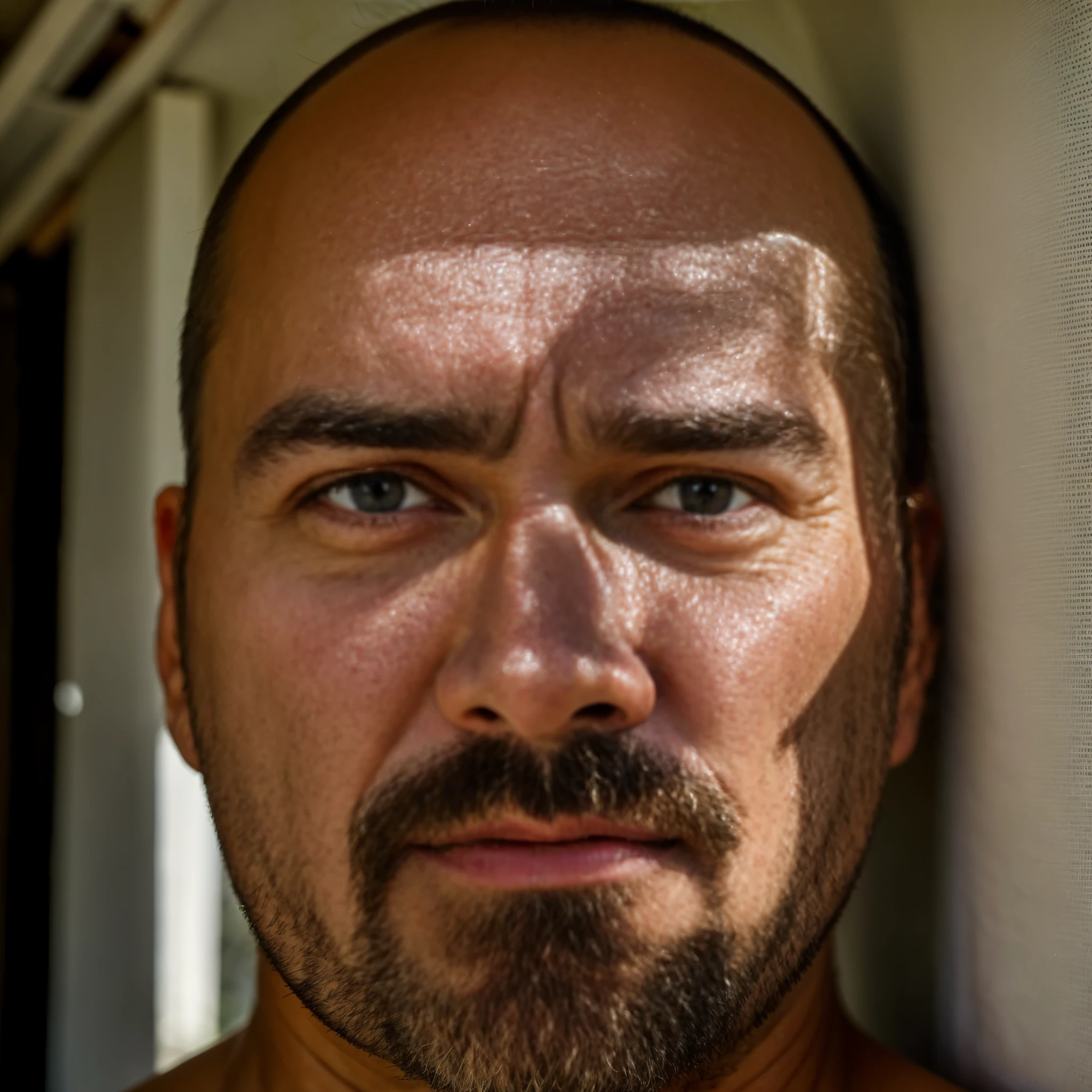 RAW photos，A middle-aged man with a determined look，Handsome，Background in the afternoon countryside，Half-length photo，（High Detail Skin：1.2），8k ultra high definition，Soft Lighting，high quality，Portrait