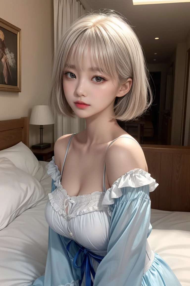 reflected light、Platinum blonde hair with dazzling highlights、Shiny Hair、 Silky straight hair、Beautiful shiny bangs、bright, clear, charm, large blue eye、so beautiful, A cute and adorable 16-year-old girl.、Ample Bust、Beautiful detailed eye、 Beautiful and detailed nose,((whole body:1.5)),eyeを強調するメイク、Royal Style、Comic book style、、Scattered under the surface、Glamorous details、Nature background、Super huge breasts、((Cinematic))、Dramatic lighting、(Loose and fluffy perm:1.4)、1 girl、((Bob Hair:1.3))、超Genuineな8K CG、絵に描いたようなperfectionなperfectionな顔、perfection、clean、masterpiece、Professional artwork、 Famous works of art、perfectionな顔、Beautiful Face、美しいeyeのない女性の体))、alone、(Immersive atmosphere、Claire Obscure:1.5、bright light:1.2、bright lighting)、(blush:0.5)、Captivating look、Very detailed_eye、big、Beautifully detailed backgrounds、Written boundary depth、Genuine:1.3、Long Shot、whole body、(Zhou Haoguang:1.3)、(Cinematic composition:1.3)、(Puffy eye:1.2)、(Slim legs)、(Light on face and chest)、(((((Underbust)))))、Under the chest、Oily skin、thin、 Mature Woman、Light blue hair、((bright灰色の髪))、(((Two-tone hair)))、Slender women、Cute Woman、 8K Ultra HD,Detailed face、Delicate texture, ((room着))、((room着を着た女の子))、((bedに横になった女の子))、indoor、room、room着、bed、((pajamas))