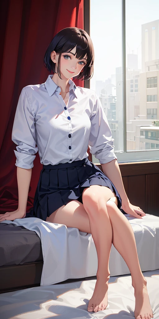 (8k, Highest quality, masterpiece:1.2), (Actual, Realistic:1.37), Very detailed, 
1 girl,Lovely, alone,Beautifully detailed skies,Cafe details,Sitting,abolition,(Red nose),(smile:1.15),(Shut your mouth.) Small breasts,Beautiful and delicate eyes,(Collared shirt:1.1), White shirt, Pleated skirt，black领，black，White lace, Beautiful legs，Buttons suddenly open
(Short Hair Details:1.2),Flowing Hair ,New frog style,,White skin,Light,Bedroom，Bedridden