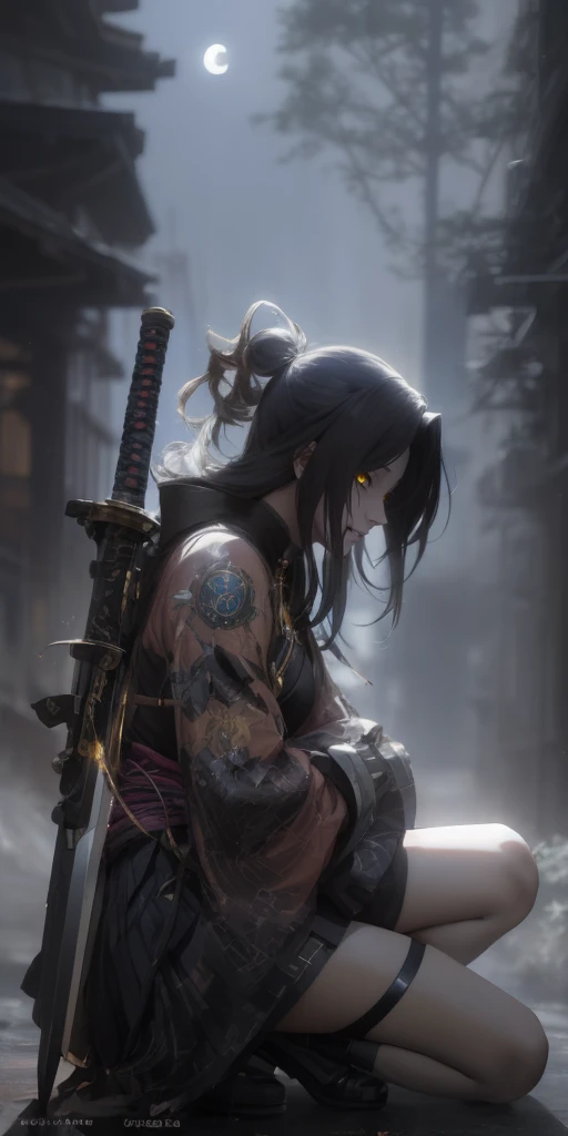 dominique_de_sade, black hair, long hair, yellow eyes, anime girl kneeling down with a sword in her hand, badass anime 8 k, artwork in the style of guweiz, ross tran 8 k, cinematic. by leng jun, 2. 5 d cgi anime fantasy artwork, anime style 4 k, ross tran and wlop, very beautiful cyberpunk samurai, guweiz on artstation pixiv, facing viewer
, 4K anime style quality, digital drawing mode, Moon-themed anime female character, long silvery hair with moonbeam accents, glowing blue eyes, wearing a gown adorned with moon phases and stars, holding a staff with a crescent moon, Blur the background to create a three-dimensional effect, atmosphere, standing in a moonlit forest, radiant skin, flowing hair, glossy lips, serene eyes, full body, dynamic pose, life size, perfect anatomy, detailed skin texture, full HD, 4K, HDR, perfect anatomy, depth of field."