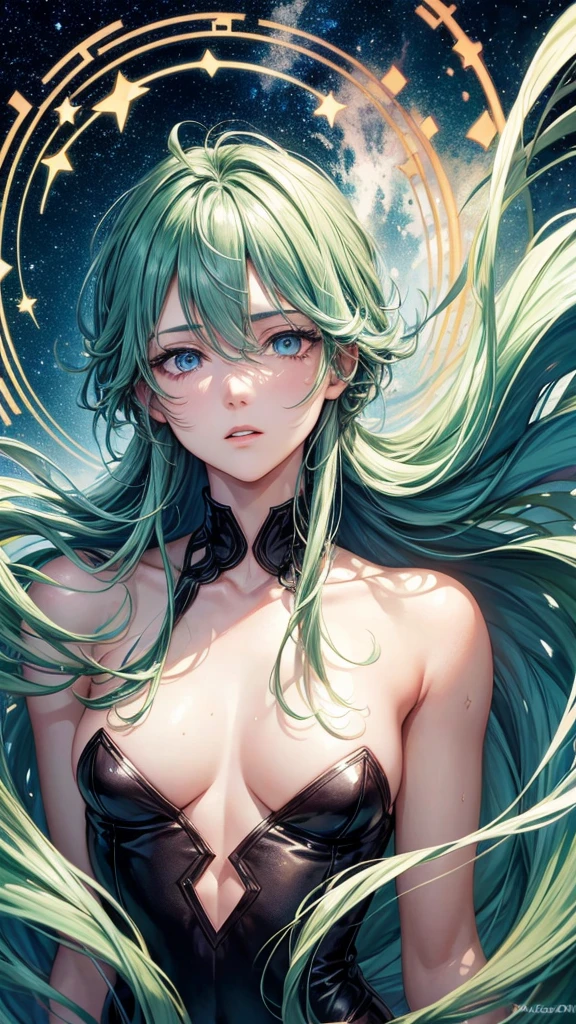 naughty man, 24 years, clear blue eyes, moss green hair, fair skin and tired face Drawing must have reference to some constellations