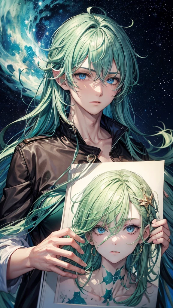 naughty man, 24 years, clear blue eyes, moss green hair, fair skin and tired face Drawing must have reference to some constellations 