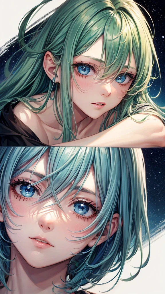 naughty man, 24 years, clear blue eyes, moss green hair, fair skin and tired face Drawing must have reference to some constellations