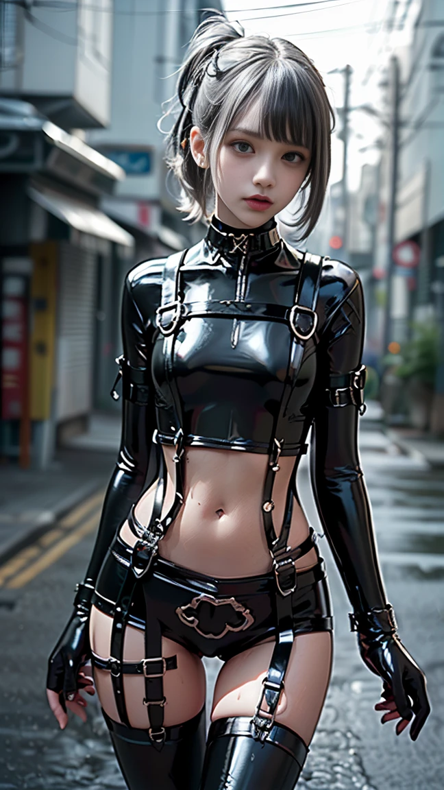 (young skinny gothic punk girl, slender girl, ((top quality, 8k, masterpiece: 1.3)), crisp focus: 1.2, (beautiful skinny  girl: 1.4), (narrow abdomen: 1.2), (big head), (narrow waist: 1.4), (thigh gap: 1.6), (abs:1.2), (small hip, skinny thighs, skinny legs:1.6):1.2), ((layer cut: 1.2)), highly detailed face and skin texture, detailed eyes, ponytail hairstyle, (BDSM, slave, black tight shiny latex harness, (belts, buckles:1.2), wet skin, (exposed navel:1.2):1.4)