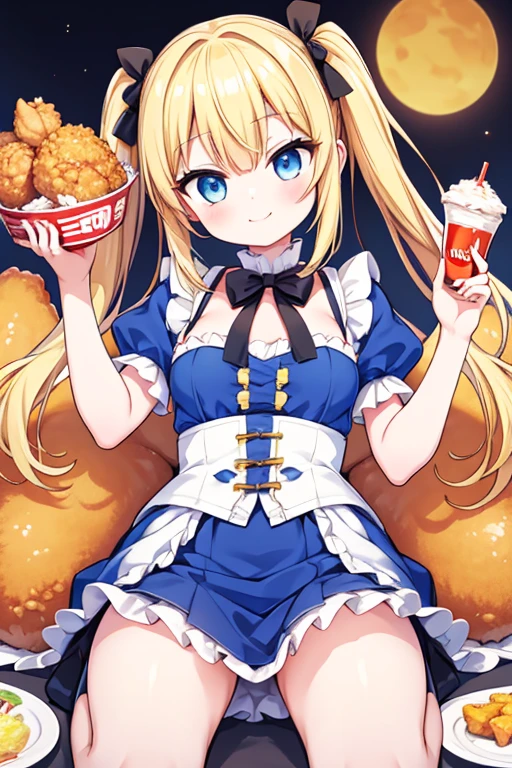 嬉しそうなsmile,Eat a giant fried chicken,big fried chicken,Cola,Highest quality,Blonde with blue eyes、Lolita、Small breasts、Twin tails、girl'enjoy,smile,bonnet,