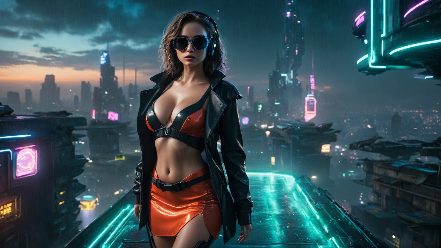 (aerial view, a flying cars docking platform, a very dark abandoned futuristic city, neon lights), rainy night. 1girl, solo, alone, large-breast:1.2 slim body, cleavage:1.1, sexy wind blowing wet dress:1.4, (headphone, black sunglasses), (((((she raised:1.8 a rifle:1.8 and took aim at viewer))))), dynamic pose, (((half-body thigh level medium shot))), cinematic lighting, lens flare, ray tracing.