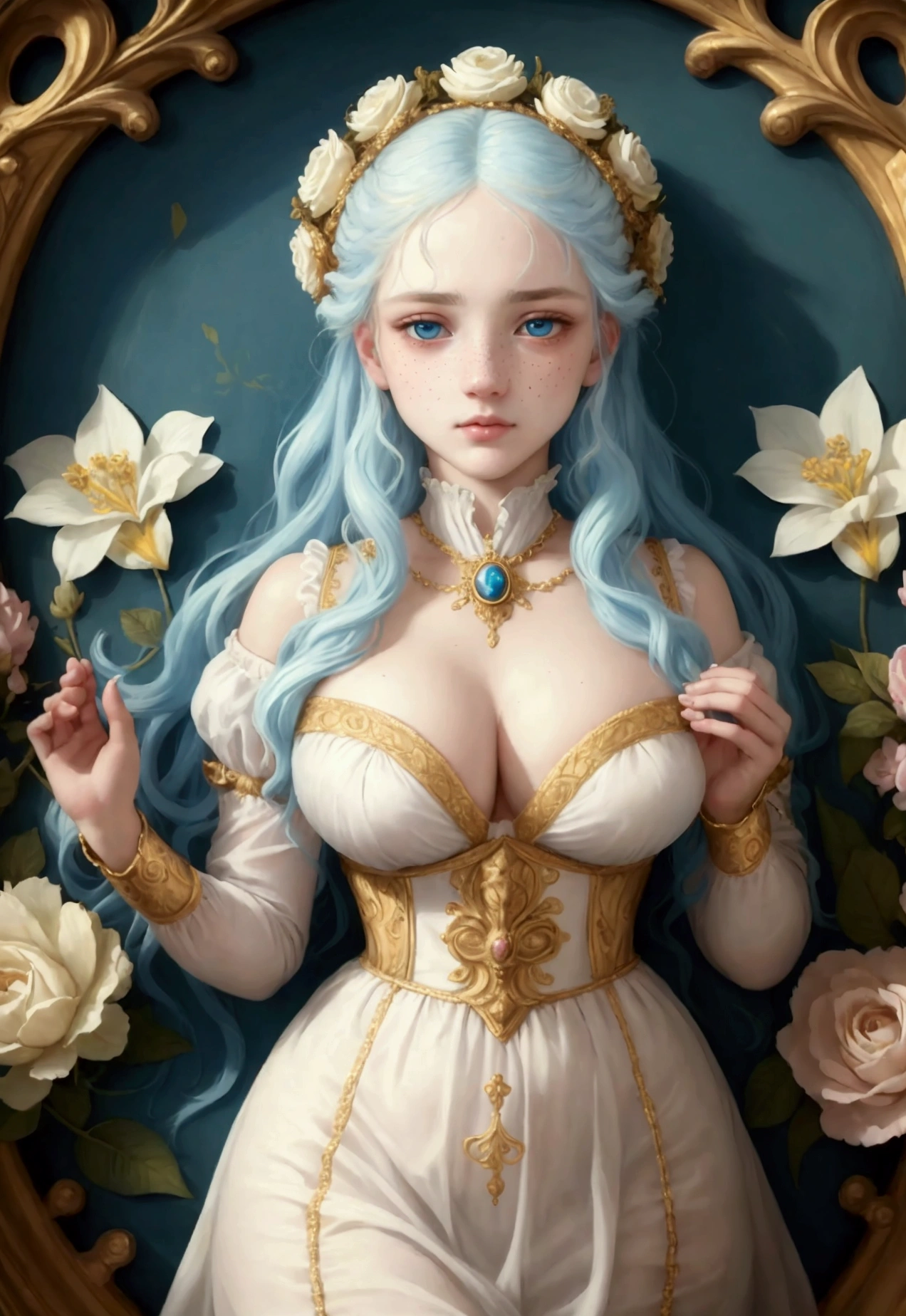 pleading eyes, pleading expression, (sky blue with white lines and gold hair aesthetic), pale, standing, Loire Valário, wavyhair, 10000 Zagreb (Zagreb), roman clothes, breasts big, Colorful castle drowning in the swamp, big boobies, entire body covered in Tzeentchian jewelry, 19th century painting of perfect body nymph, Expressive, (surrounded by flowers), (Ornate rococo), (victoriana), (Pre-Raphaelite Beauty), detailed portrayal, playful 18 year old ager, detailed beautiful face, freckles, to dream, dreamy eyes, innocent and shy maiden, (Elegant perfectionism)