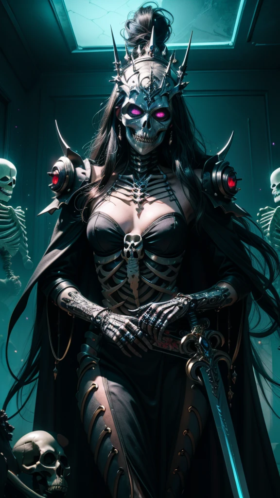 ( High quality , Ultra-detail, carefully with your hand )tarot card, chiaroscuro technique on sensual illustration of a queen of sword, a fashion model wearing an exo-skeleton mask, vibrant colors, futuristic cyberpunk style, intricate details, cinematic lighting, dramatic pose, an elegant complex bio mechanical onyx and gold, intricate details, official art, unity 8k wallpaper, ultra detailed, beautiful and aesthetic, (in a room with black walls illuminated by violet neon lights :1.1)
