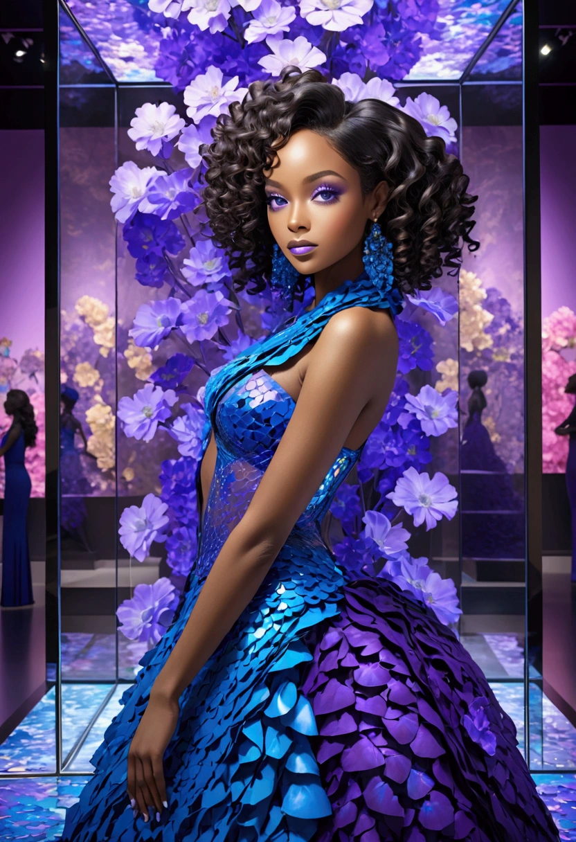 A wide-angle photo,A beautiful black woman,With curly hair,Wearing colorful high fashion,Standing in a transparent glass museum,Striking a couture model pose,The museum is filled with blue and purple puzzles,The colors of the whole scene are blue and purple,Hyper-realistic images,32K,Ultra HD,illumination