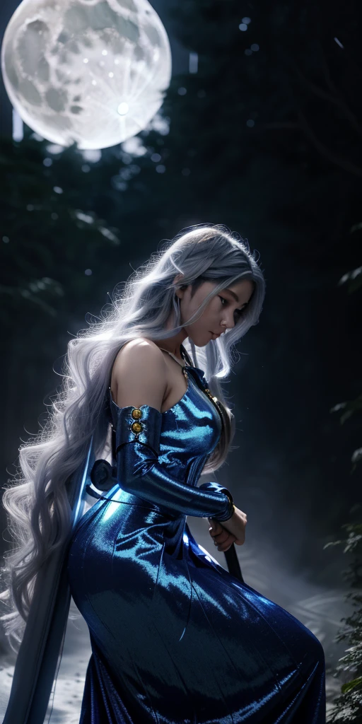 4K anime style quality, digital drawing mode, Moon-themed anime female character, long silvery hair with moonbeam accents, glowing blue eyes, wearing a gown adorned with moon phases and stars, holding a staff with a crescent moon, Blur the background to create a three-dimensional effect, atmosphere, standing in a moonlit forest, radiant skin, flowing hair, glossy lips, serene eyes, full body, dynamic pose, life size, perfect anatomy, detailed skin texture, full HD, 4K, HDR, perfect anatomy, depth of field."