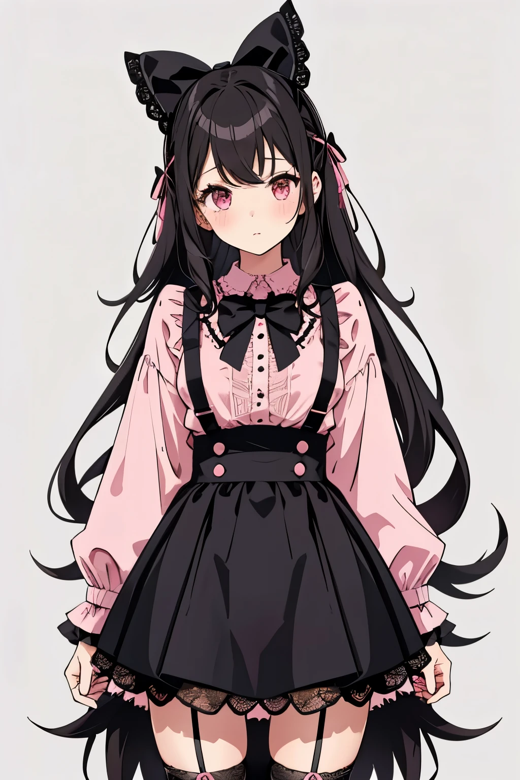 1girl, solo, wearing a kawaii fashion outfit, outfit features a pink blouse with black lace trim and a large bow at the collar, The blouse is paired with a black high-waisted skirt with lace-up details, The person is also wearing black knee-high socks with lace tops, The overall look is cute and elegant,
