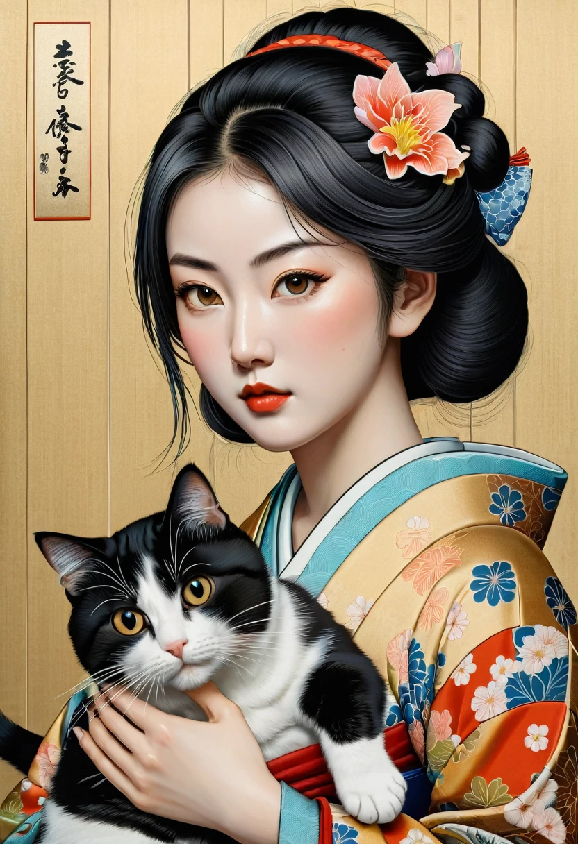 Girl with cat, by Kunisada, Highest quality, masterpiece, so beautiful, Perfect composition, Intricate details, Very detailed