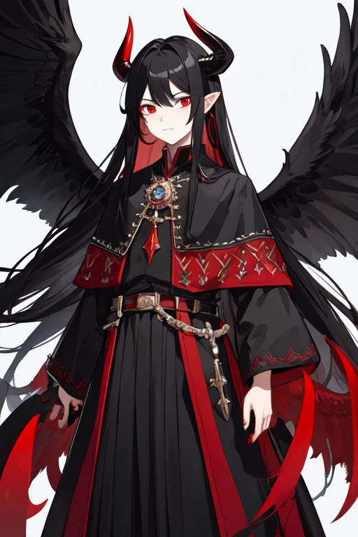An effeminate boy , long black hair, red wide horn, red and black medieval class clothes, with black wings, Red eyes