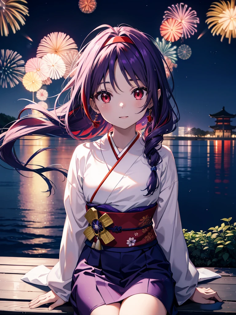 yuukikonno, Yuuki Konno, hair band, Long Hair, Pointed Ears, Purple Hair, Ahoge,(Red eyes:1.5), (Small breasts:1.2),low twin tail,smile,blush,Open your mouth,Purple Kimono,Purple long skirt,Fireworks in the night sky,Fireworks,The place is a fireworks display,Time is night,sunny day,Sitting on a bench,Wind Chimes,whole bodyがイラストに入るよう,
break looking at viewer, , whole body, (Cowboy Shot:1. 5)
break indoors, Veranda,Japanese garden,
break (masterpiece:1.2), Highest quality, High resolution, unity 8k wallpaper, (figure:0.8), (Beautiful attention to detail:1.6), Highly detailed face, Perfect lighting, Highly detailed CG, (Perfect hands, Perfect Anatomy),