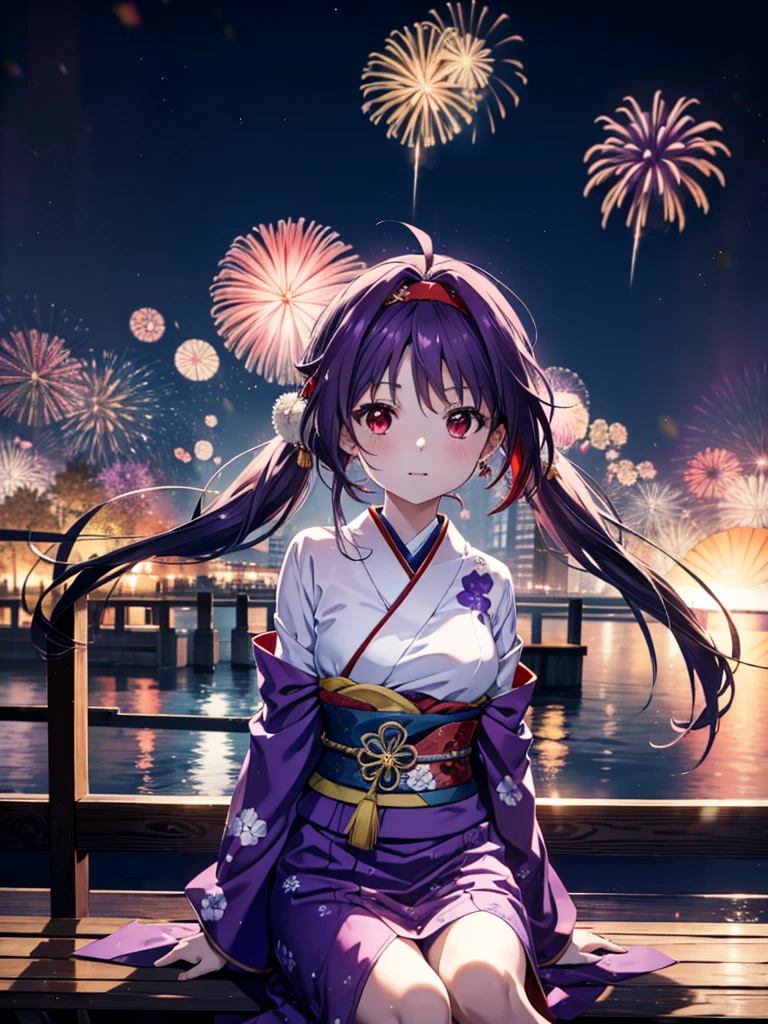 yuukikonno, Yuuki Konno, hair band, Long Hair, Pointed Ears, Purple Hair, Ahoge,(Red eyes:1.5), (Small breasts:1.2),low twin tail,smile,blush,Open your mouth,Purple Kimono,Purple long skirt,Fireworks in the night sky,Fireworks,The place is a fireworks display,Time is night,sunny day,Sitting on a bench,Wind Chimes,whole bodyがイラストに入るよう,
break looking at viewer, , whole body, (Cowboy Shot:1. 5)
break indoors, Veranda,Japanese garden,
break (masterpiece:1.2), Highest quality, High resolution, unity 8k wallpaper, (figure:0.8), (Beautiful attention to detail:1.6), Highly detailed face, Perfect lighting, Highly detailed CG, (Perfect hands, Perfect Anatomy),